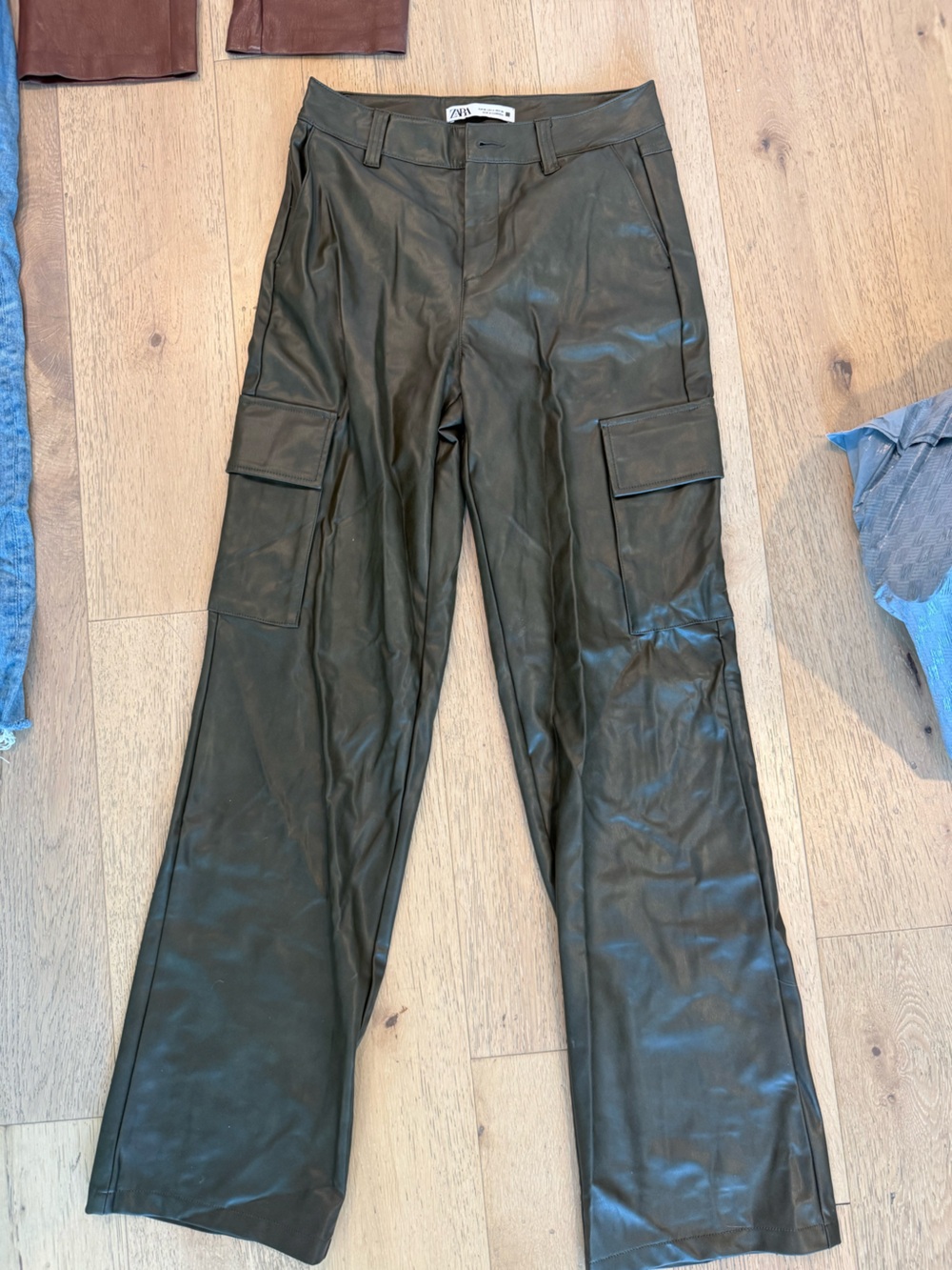 Zara Green Faux Leather Cargo Pants